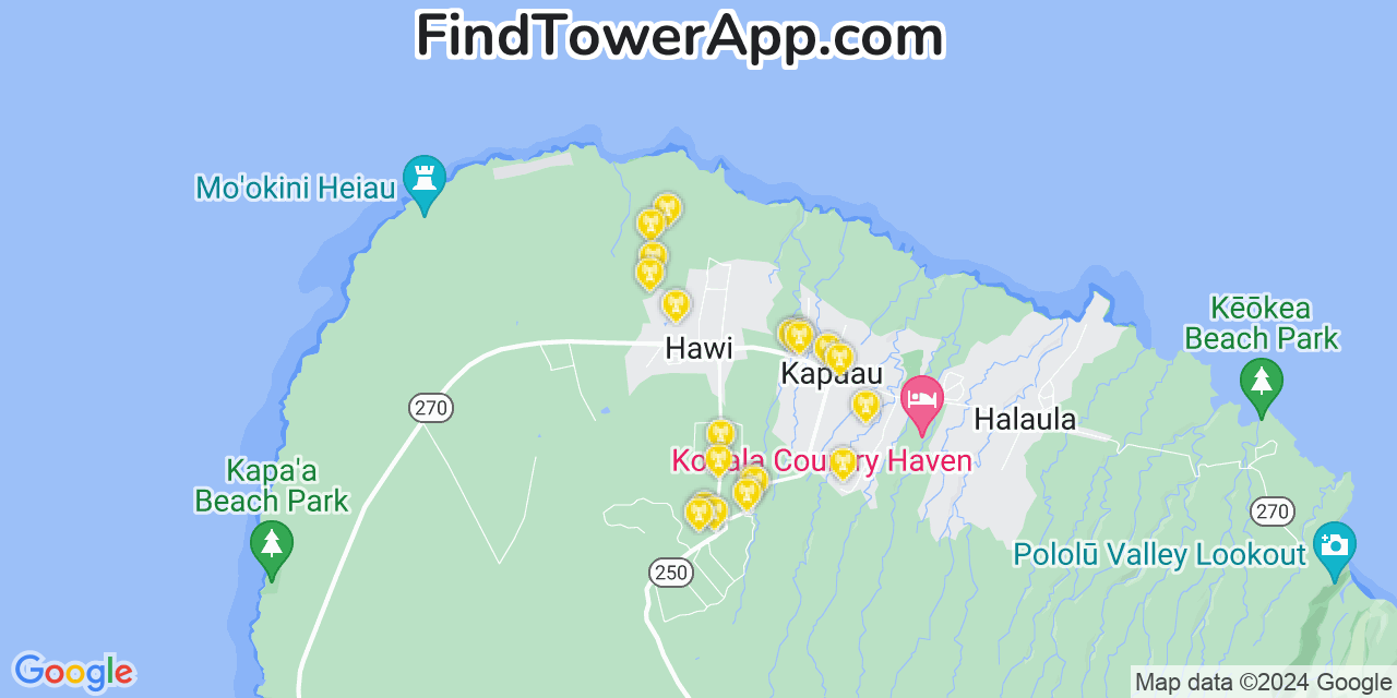 AT&T 4G/5G cell tower coverage map Hāwī, Hawaii