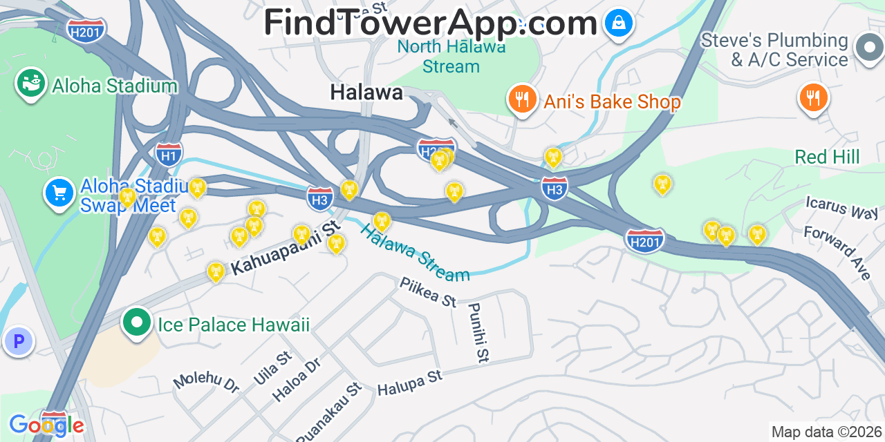 Map showing the 20 primary AT&T cell tower locations detected in HäLawa, Hawaii with coverage radius and signal strength indicators