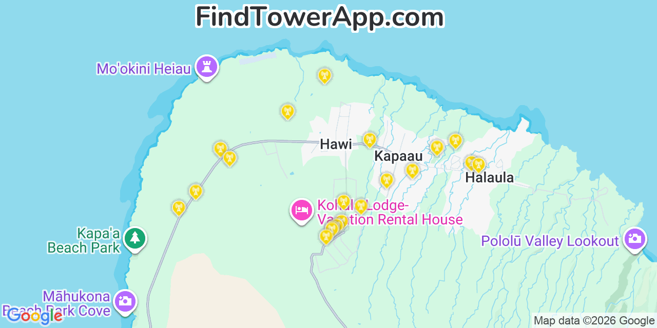 Map showing the 20 primary cell tower locations detected in Hä Lawa, Hawaii from AT&T, Verizon, and T-Mobile networks