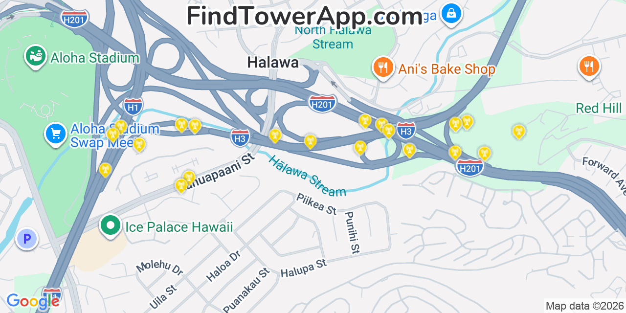 Map showing the 20 primary T-Mobile cell tower locations detected in HäLawa, Hawaii with coverage radius and signal strength indicators