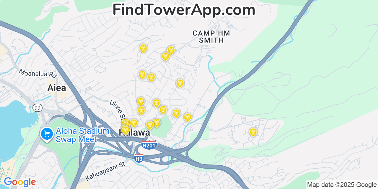 Map showing the 35 primary T-Mobile cell tower locations detected in Hä Lawa Heights, Hawaii with coverage radius and signal strength indicators