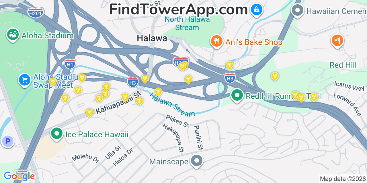 Map showing the 20 primary AT&T cell tower locations detected in HäLawa, Hawaii with coverage radius and signal strength indicators