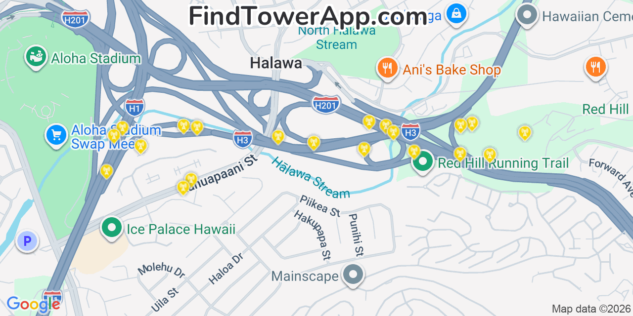 Map showing the 20 primary T-Mobile cell tower locations detected in HäLawa, Hawaii with coverage radius and signal strength indicators