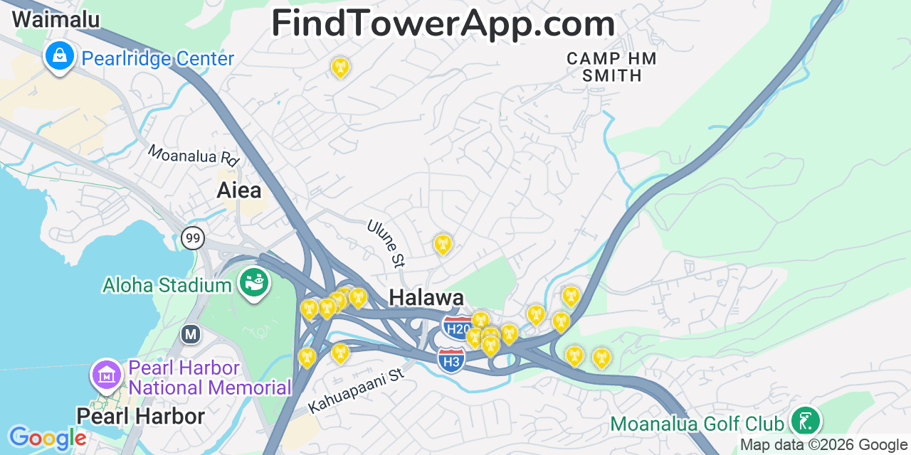 Map showing the 20 primary Verizon cell tower locations detected in HäLawa, Hawaii with coverage radius and signal strength indicators