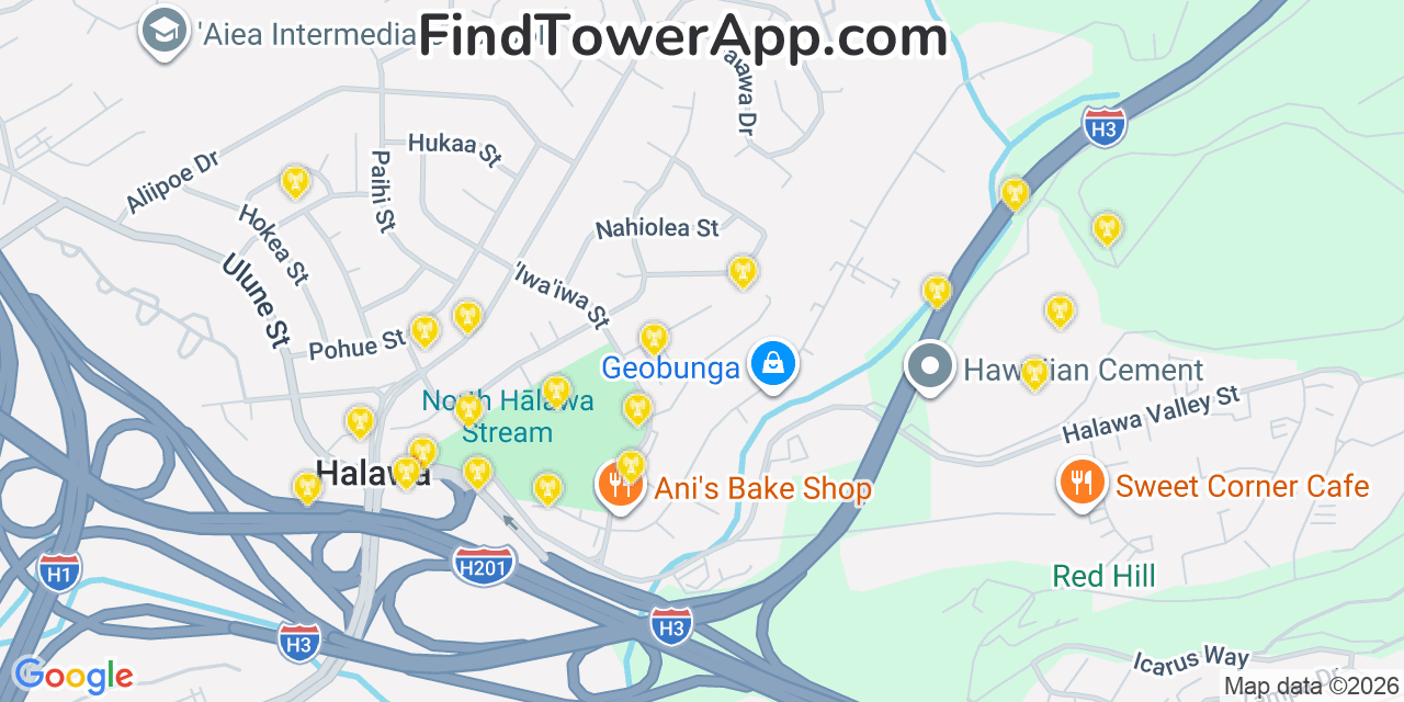 Map showing the 20 primary AT&T cell tower locations detected in HäLawa Heights, Hawaii with coverage radius and signal strength indicators