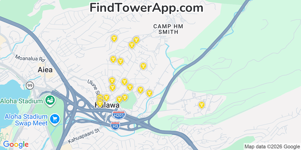 Map showing the 20 primary T-Mobile cell tower locations detected in HäLawa Heights, Hawaii with coverage radius and signal strength indicators