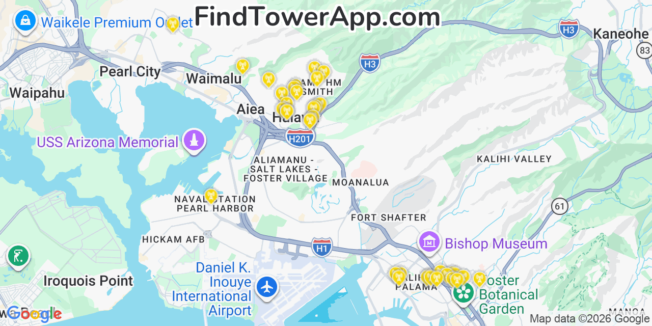 Map showing the 36 primary Verizon cell tower locations detected in HäLawa Heights, Hawaii with coverage radius and signal strength indicators