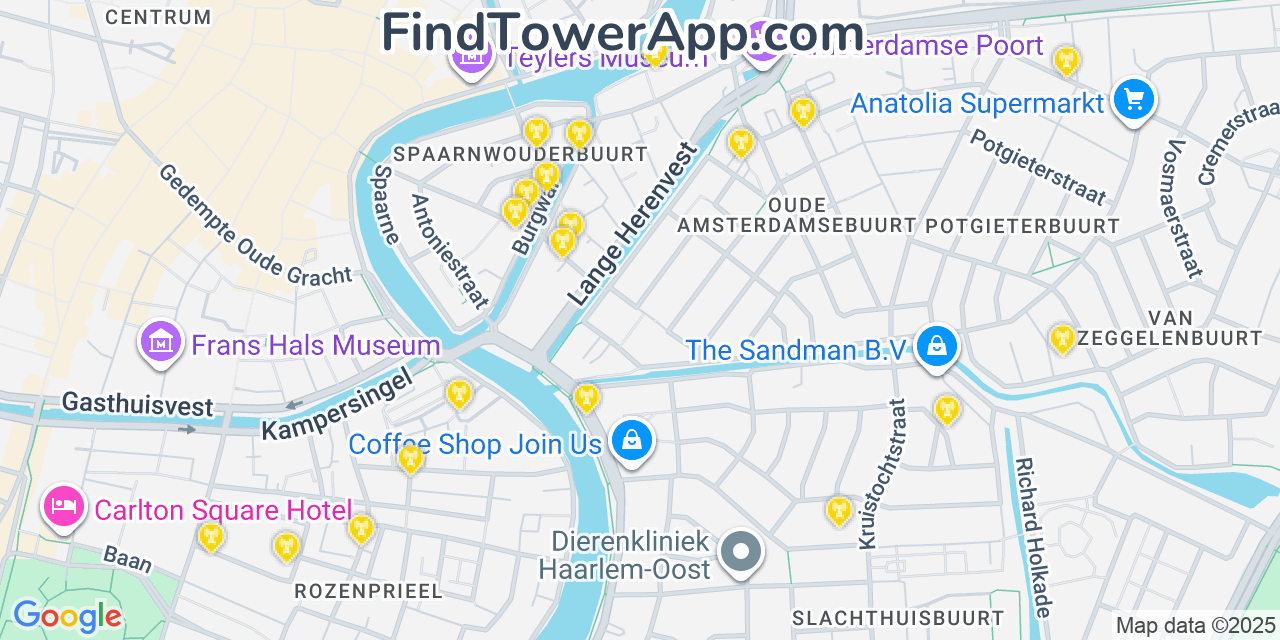 Map showing the 20 primary cell tower locations detected in Haarlem, Netherlands with coverage areas and signal strength