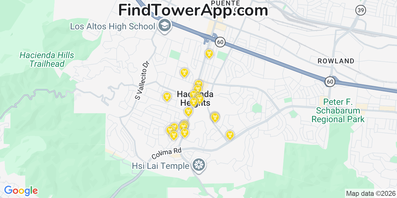 Map showing the 20 primary cell tower locations detected in Hacienda Heights, California from AT&T, Verizon, and T-Mobile networks