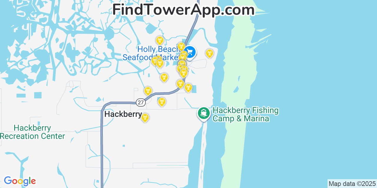 Map showing the 20 primary cell tower locations detected in Hackberry, Louisiana from AT&T, Verizon, and T-Mobile networks