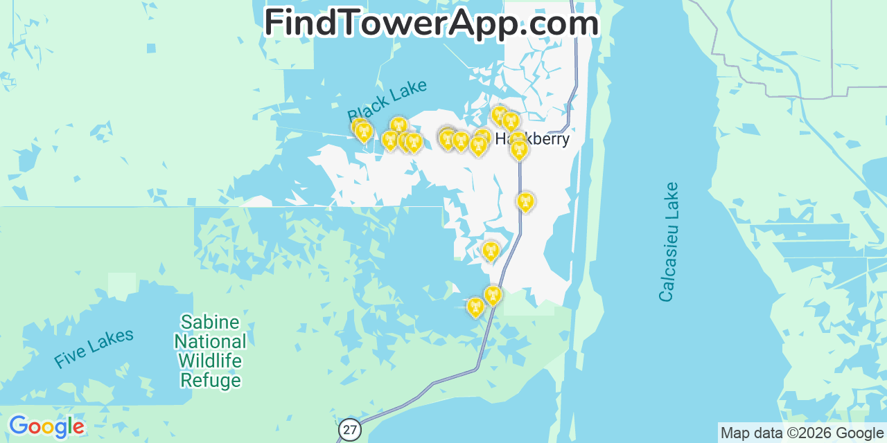 Map showing the 20 primary cell tower locations detected in Hackberry, Louisiana from AT&T, Verizon, and T-Mobile networks