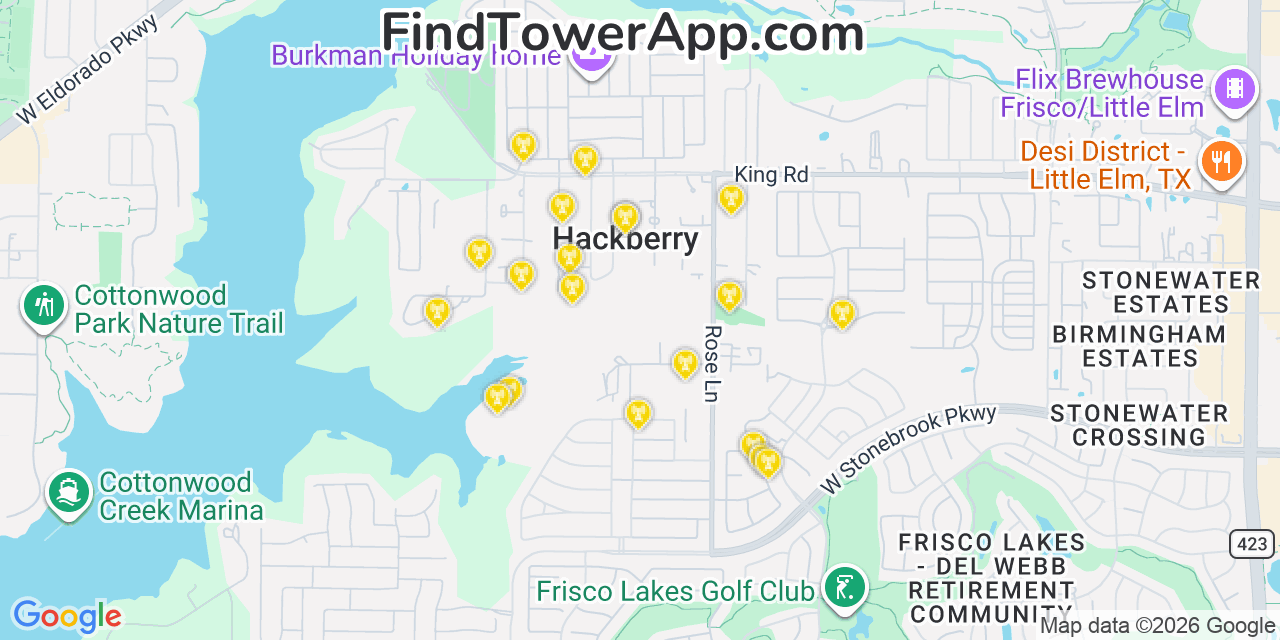 Map showing the 20 primary cell tower locations detected in Hackberry, Texas from AT&T, Verizon, and T-Mobile networks