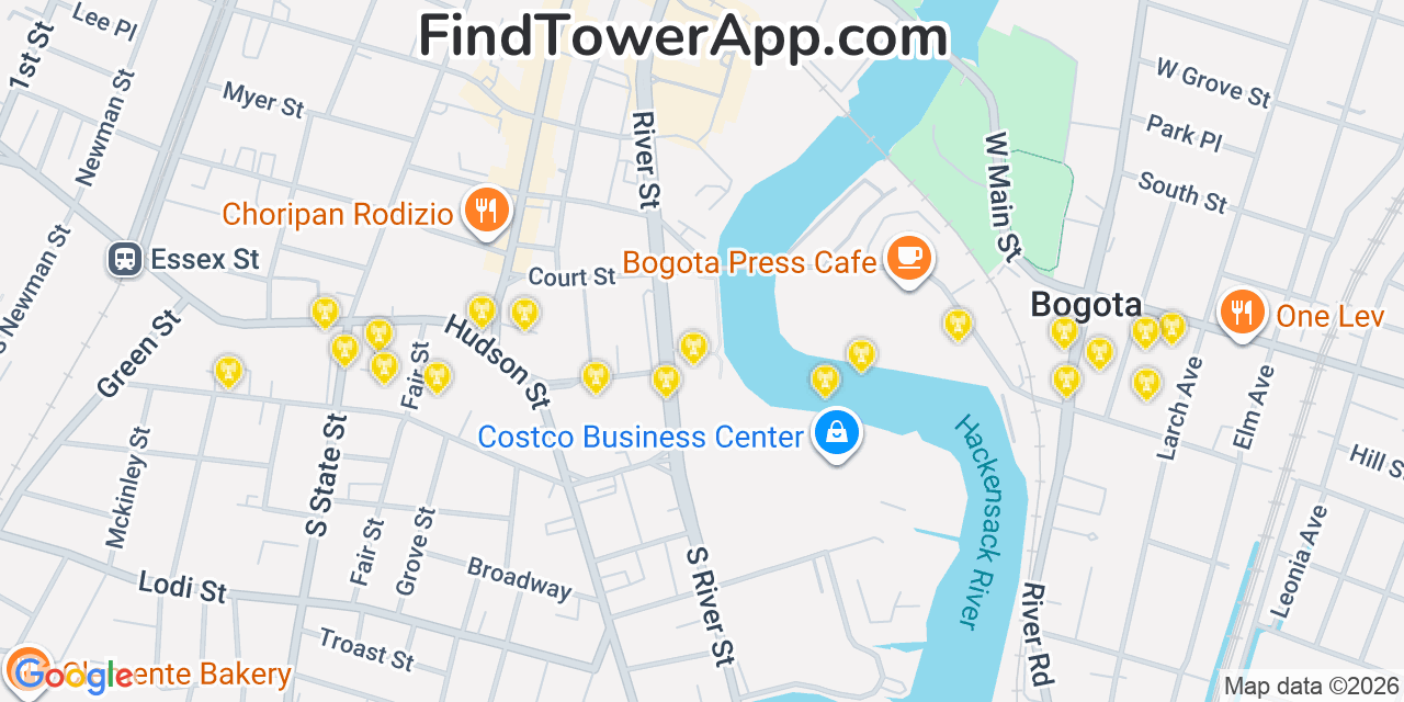 Map showing the 20 primary cell tower locations detected in Hackensack, New Jersey from AT&T, Verizon, and T-Mobile networks