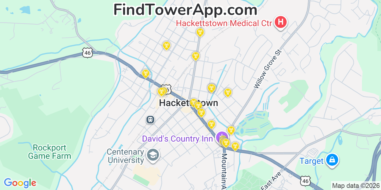 Map showing the 20 primary cell tower locations detected in Hackettstown, New Jersey from AT&T, Verizon, and T-Mobile networks