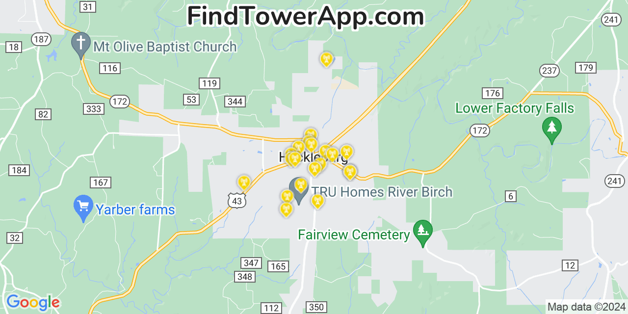 AT&T 4G/5G cell tower coverage map Hackleburg, Alabama