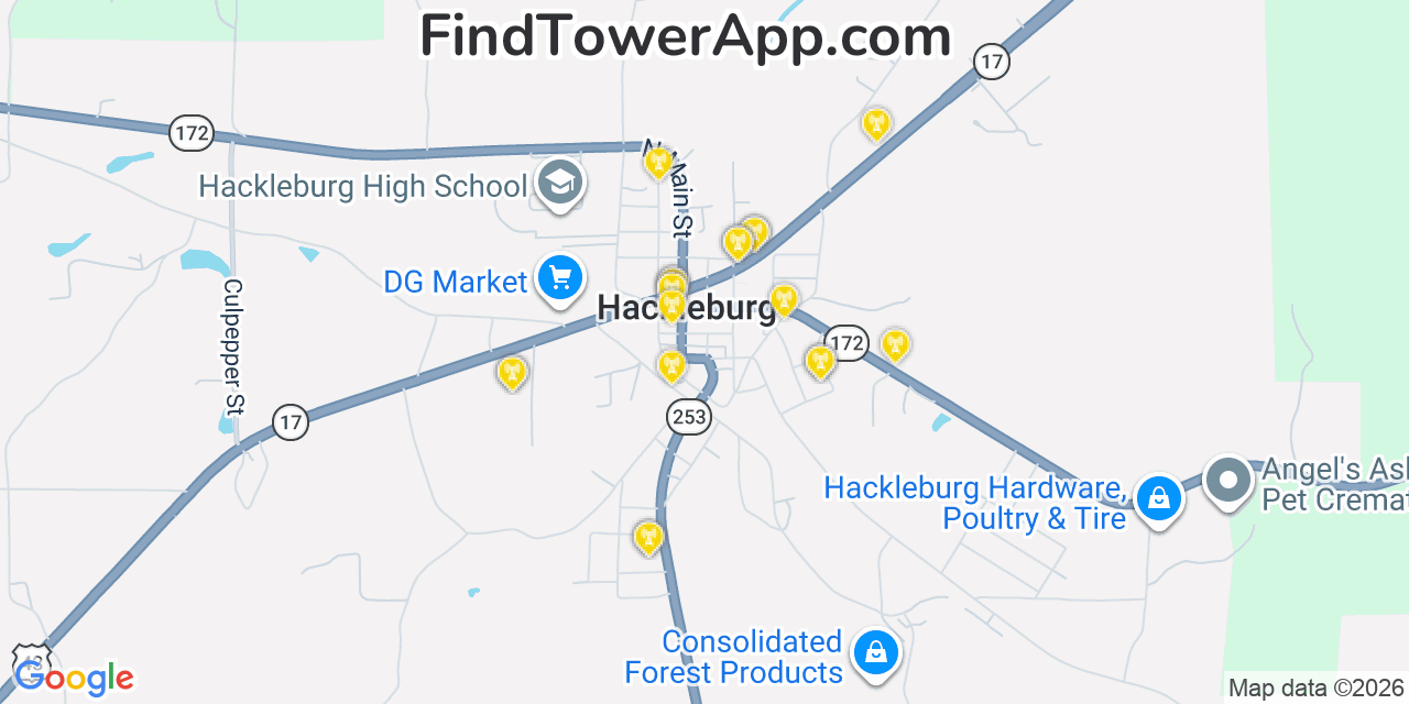 Map showing the 20 primary cell tower locations detected in Hackleburg, Alabama from AT&T, Verizon, and T-Mobile networks