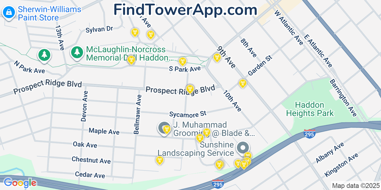Map showing the 20 primary cell tower locations detected in Haddon Heights, New Jersey from AT&T, Verizon, and T-Mobile networks