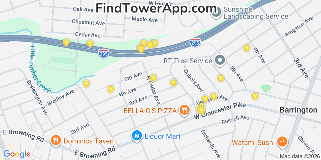 Map showing the 20 primary cell tower locations detected in Haddon Heights, New Jersey from AT&T, Verizon, and T-Mobile networks