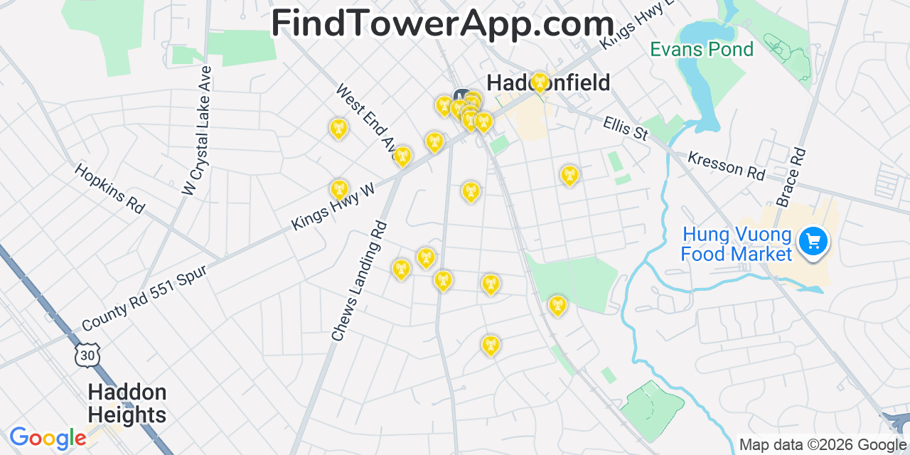 Map showing the 20 primary cell tower locations detected in Haddonfield, New Jersey from AT&T, Verizon, and T-Mobile networks