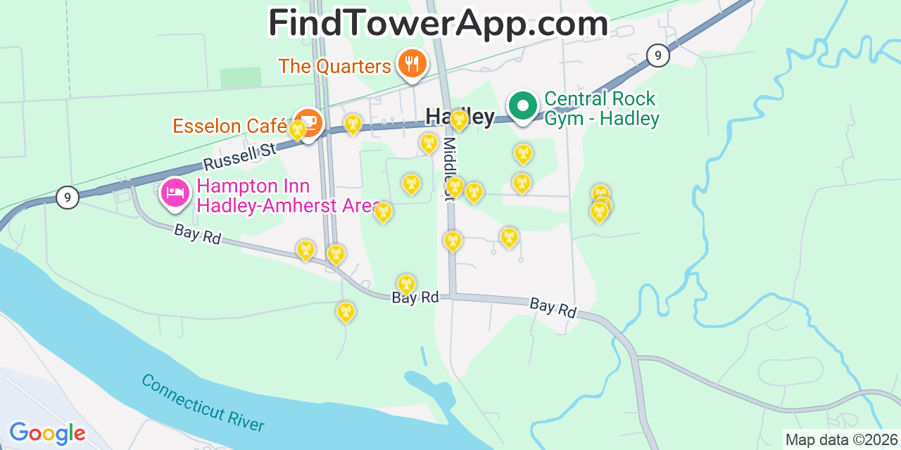 Map showing the 20 primary cell tower locations detected in Hadley, Massachusetts from AT&T, Verizon, and T-Mobile networks