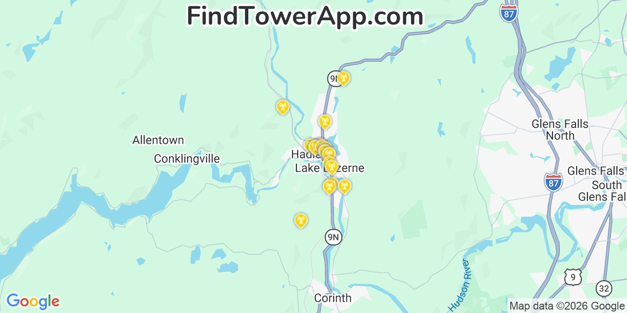 Map showing the 20 primary cell tower locations detected in Hadley, New York from AT&T, Verizon, and T-Mobile networks