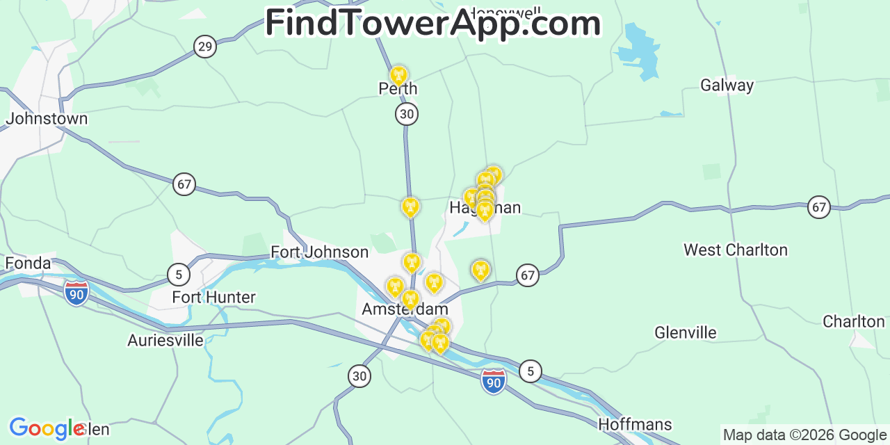 Map showing the 20 primary cell tower locations detected in Hagaman, New York from AT&T, Verizon, and T-Mobile networks