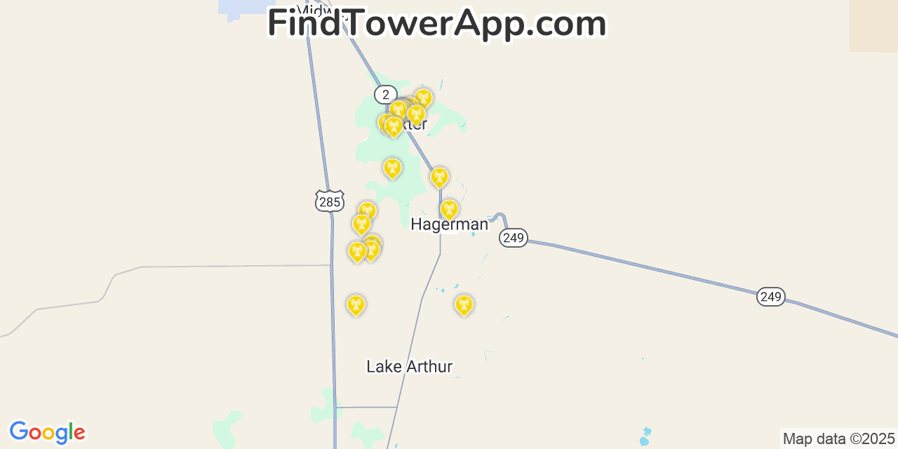 Map showing the 20 primary cell tower locations detected in Hagerman, New Mexico from AT&T, Verizon, and T-Mobile networks
