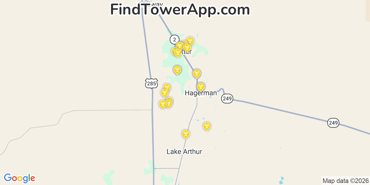 Map showing the 20 primary cell tower locations detected in Hagerman, New Mexico from AT&T, Verizon, and T-Mobile networks