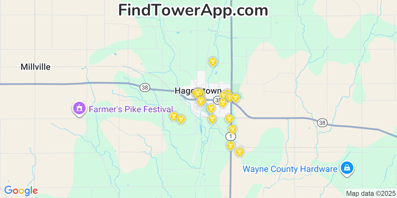 Map showing the 20 primary cell tower locations detected in Hagerstown, Indiana from AT&T, Verizon, and T-Mobile networks