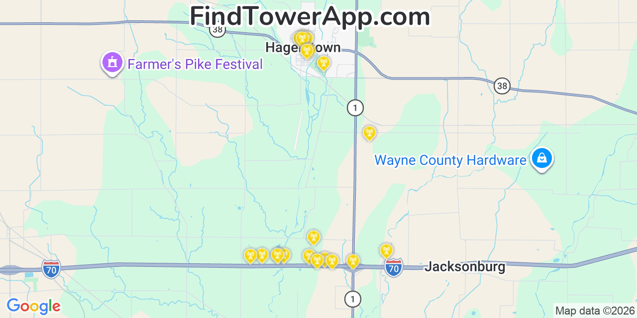 Map showing the 20 primary cell tower locations detected in Hagerstown, Indiana from AT&T, Verizon, and T-Mobile networks