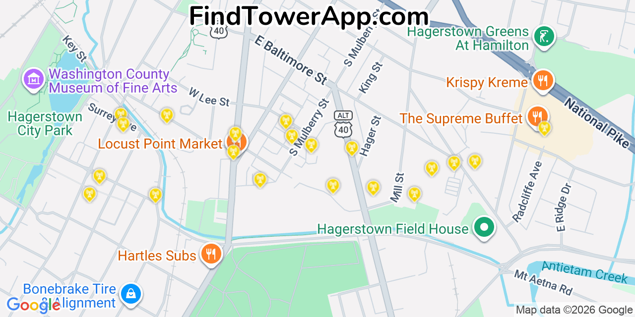 Map showing the 20 primary cell tower locations detected in Hagerstown, Maryland from AT&T, Verizon, and T-Mobile networks