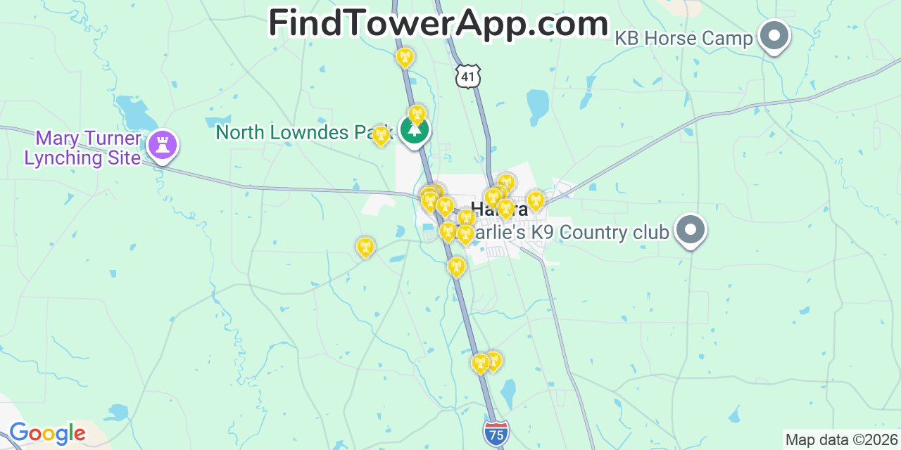 Map showing the 20 primary cell tower locations detected in Hahira, Georgia from AT&T, Verizon, and T-Mobile networks