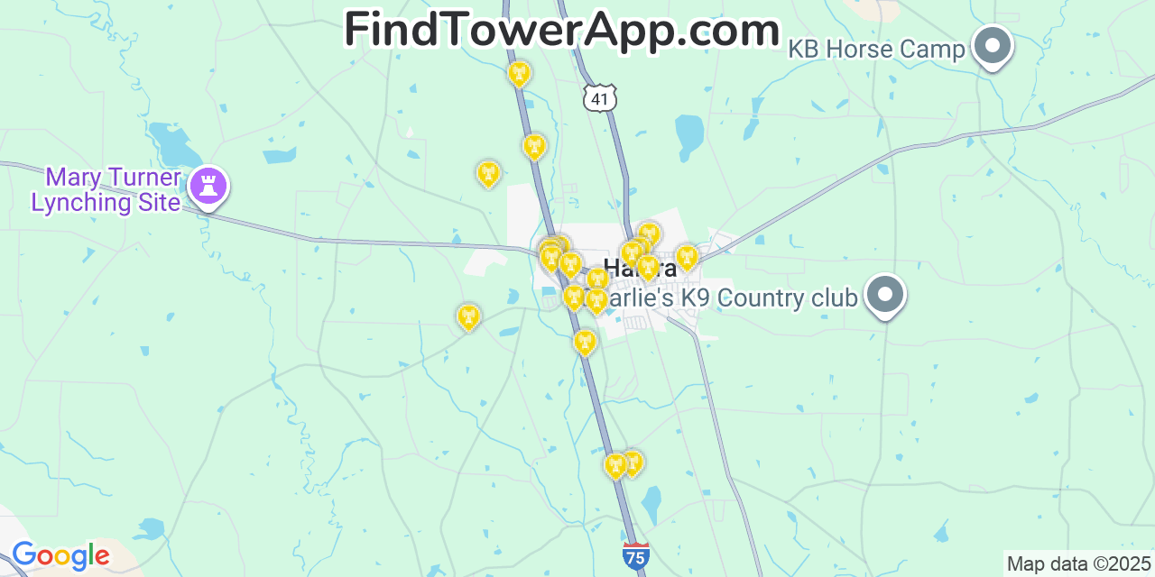 Map showing the 20 primary Mobitel cell tower locations detected in Hahira, Georgia with coverage radius and signal strength indicators