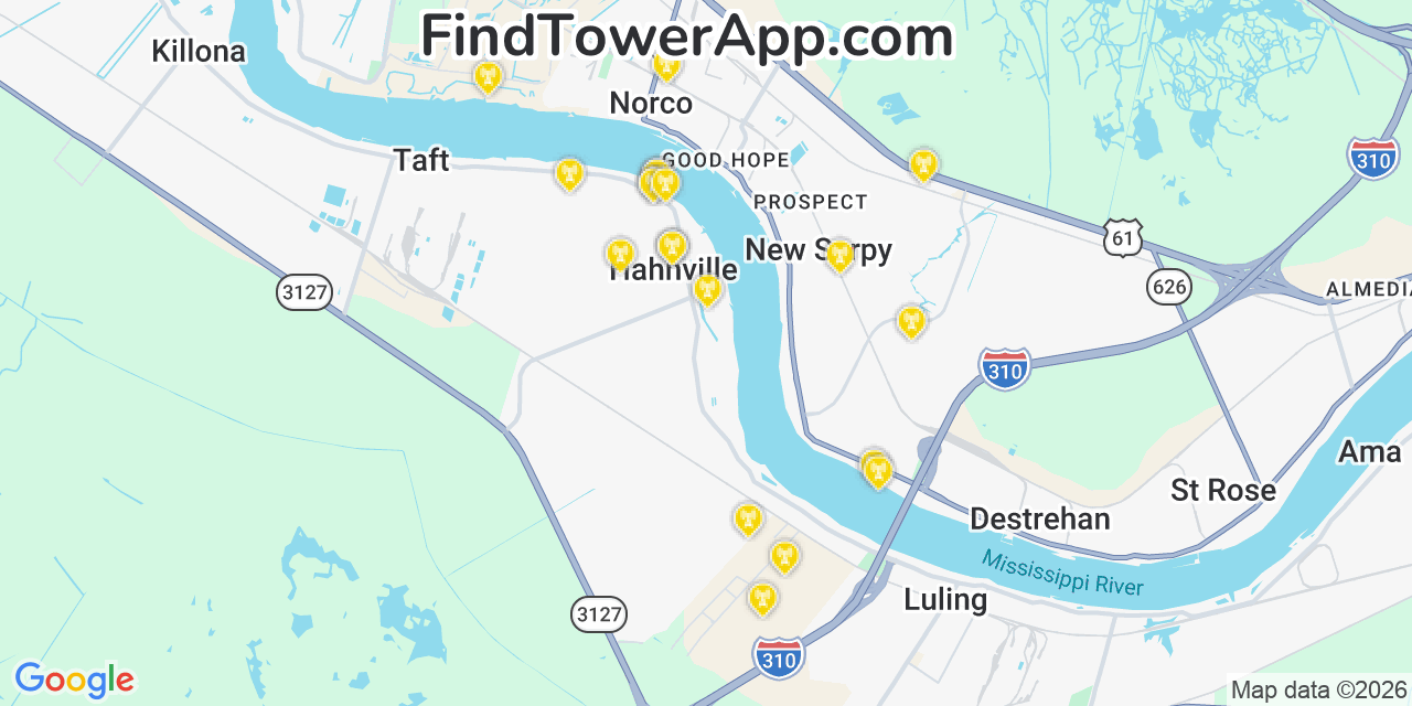 Map showing the 20 primary cell tower locations detected in Hahnville, Louisiana from AT&T, Verizon, and T-Mobile networks
