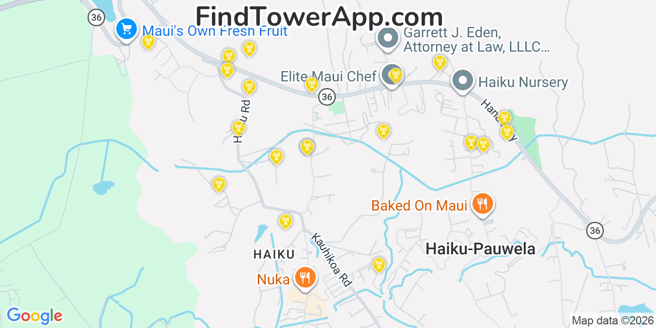 Map showing the 20 primary cell tower locations detected in Haiku Pauwela, Hawaii from AT&T, Verizon, and T-Mobile networks