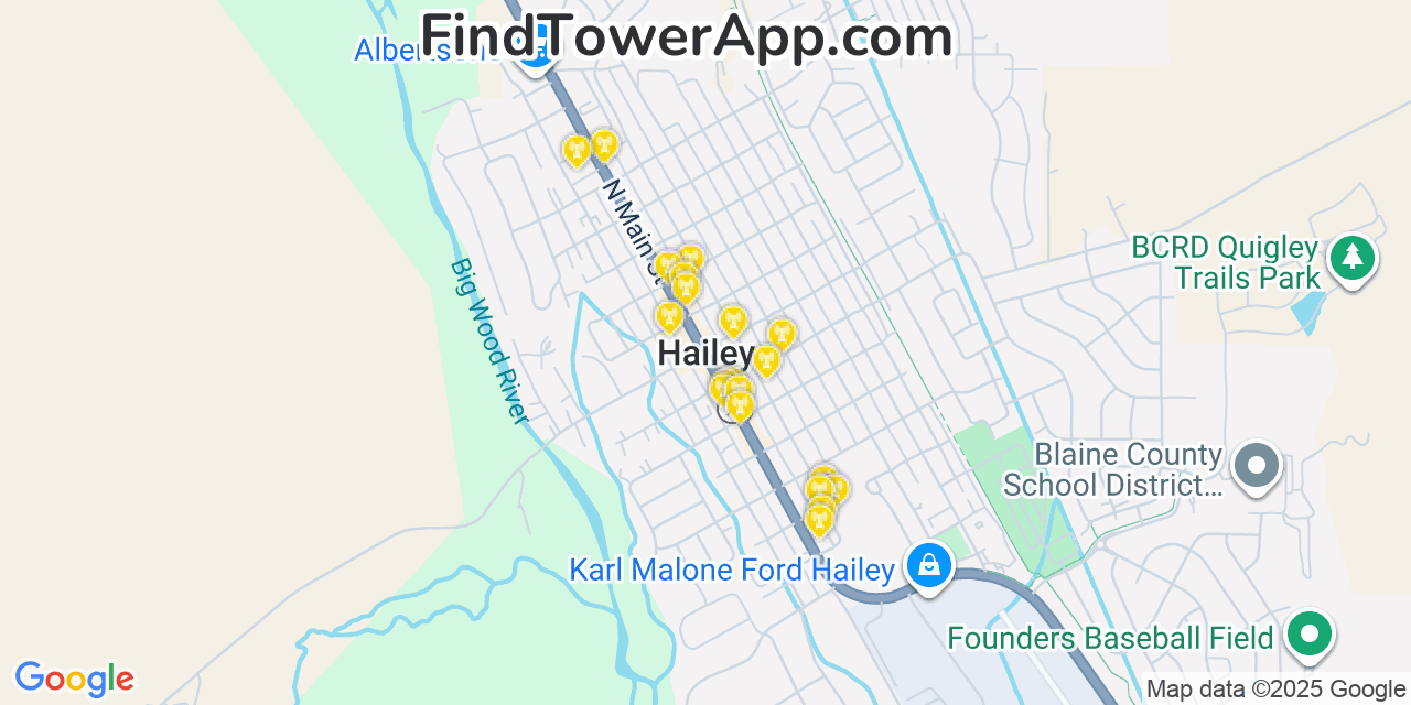 Map showing the 20 primary cell tower locations detected in Hailey, Idaho from AT&T, Verizon, and T-Mobile networks