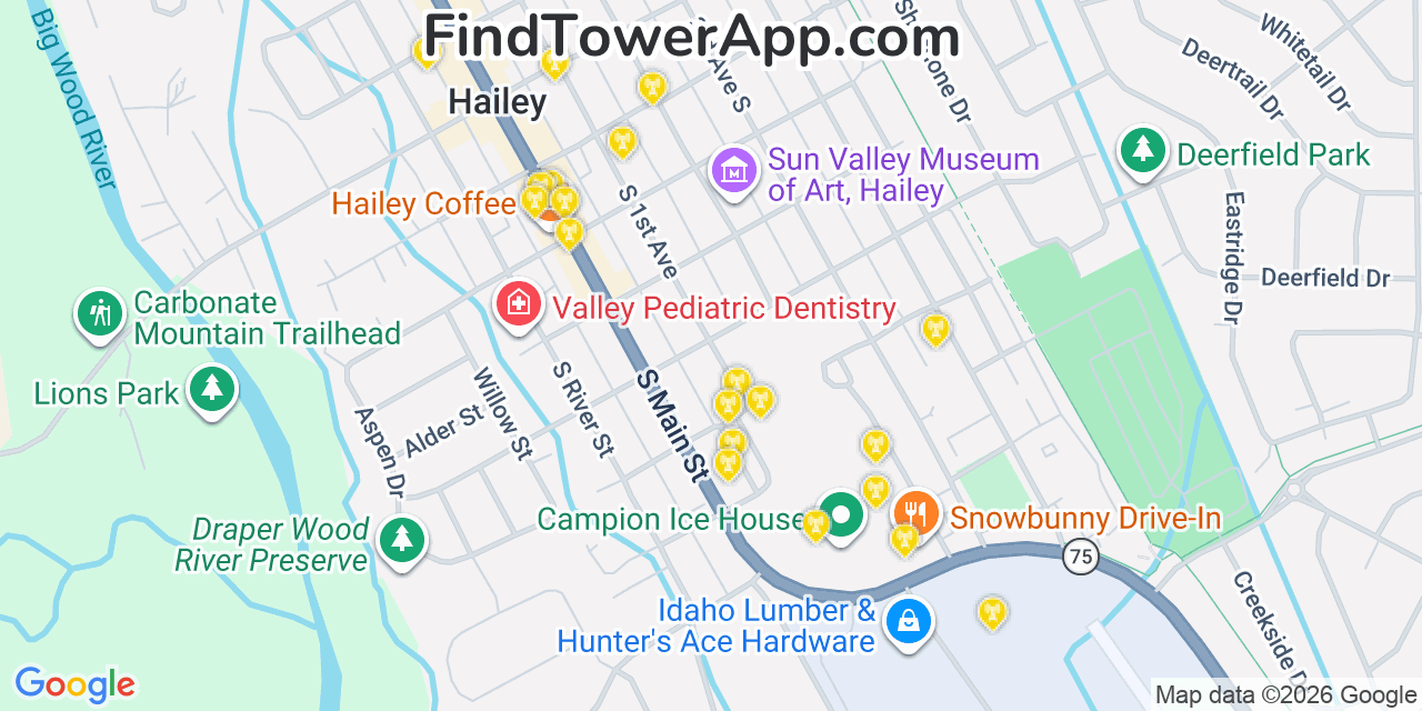 Map showing the 20 primary cell tower locations detected in Hailey, Idaho from AT&T, Verizon, and T-Mobile networks