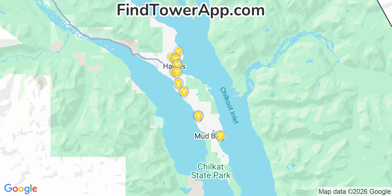Map showing the 20 primary cell tower locations detected in Haines, Alaska from AT&T, Verizon, and T-Mobile networks