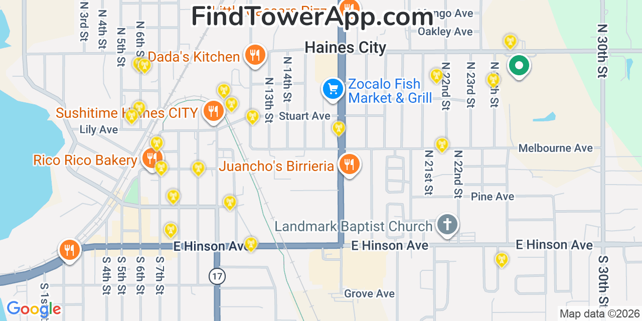 Map showing the 20 primary cell tower locations detected in Haines City, Florida from AT&T, Verizon, and T-Mobile networks