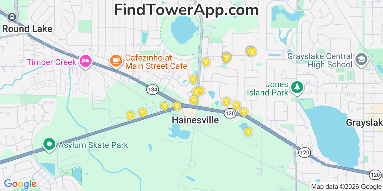 Map showing the 20 primary cell tower locations detected in Hainesville, Illinois from AT&T, Verizon, and T-Mobile networks