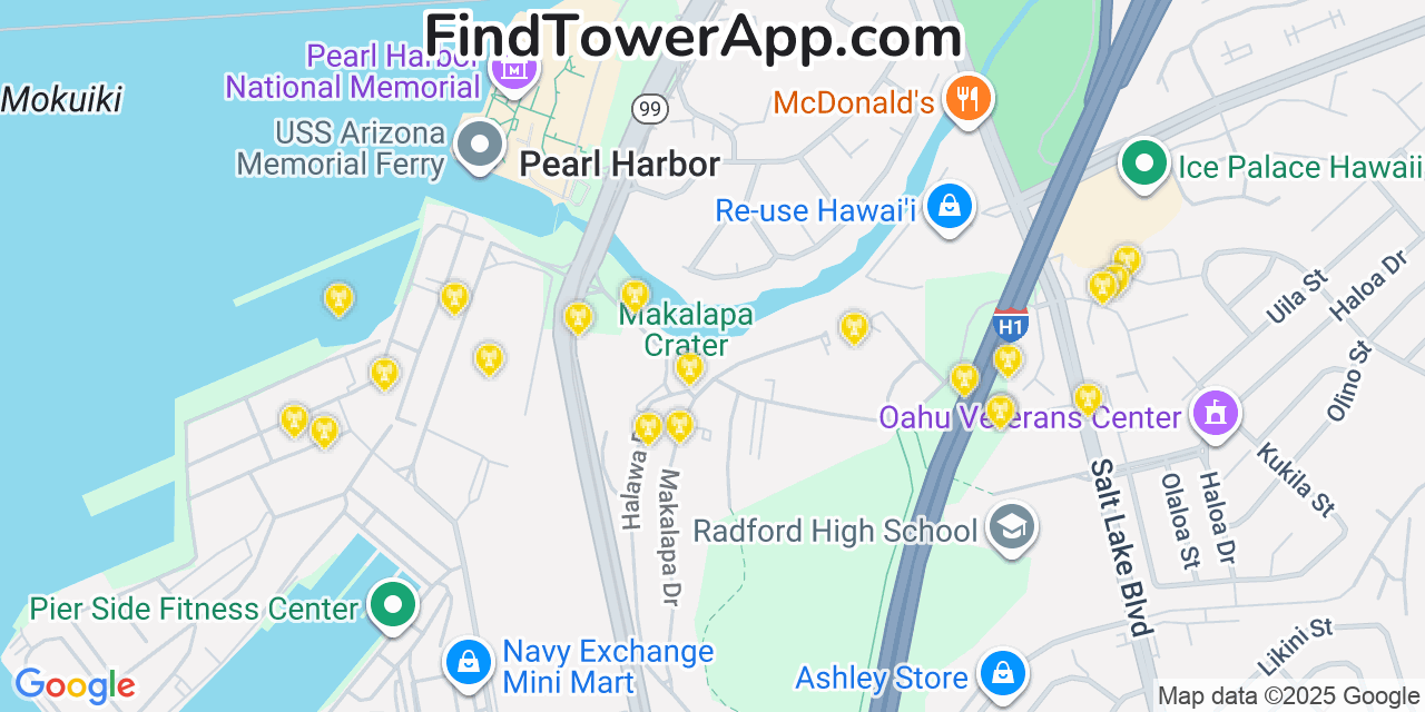 Map showing the 20 primary AT&T cell tower locations detected in Hālawa, Hawaii with coverage radius and signal strength indicators