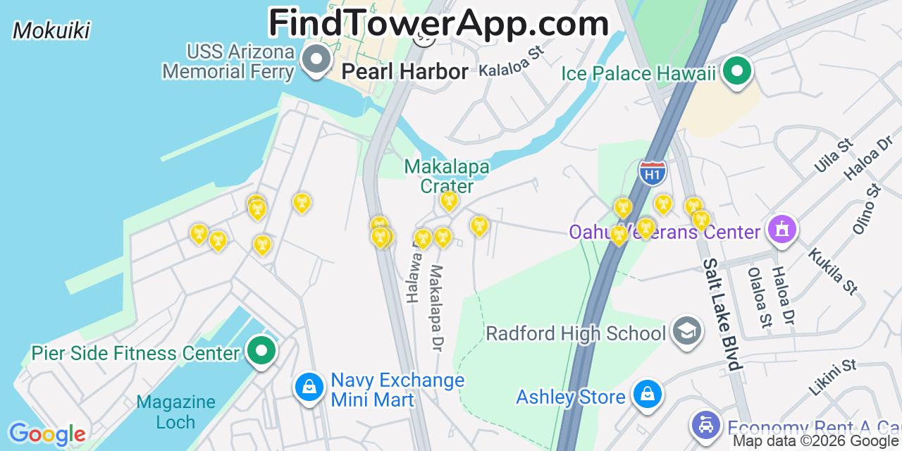 Map showing the 20 primary cell tower locations detected in Hālawa, Hawaii from AT&T, Verizon, and T-Mobile networks