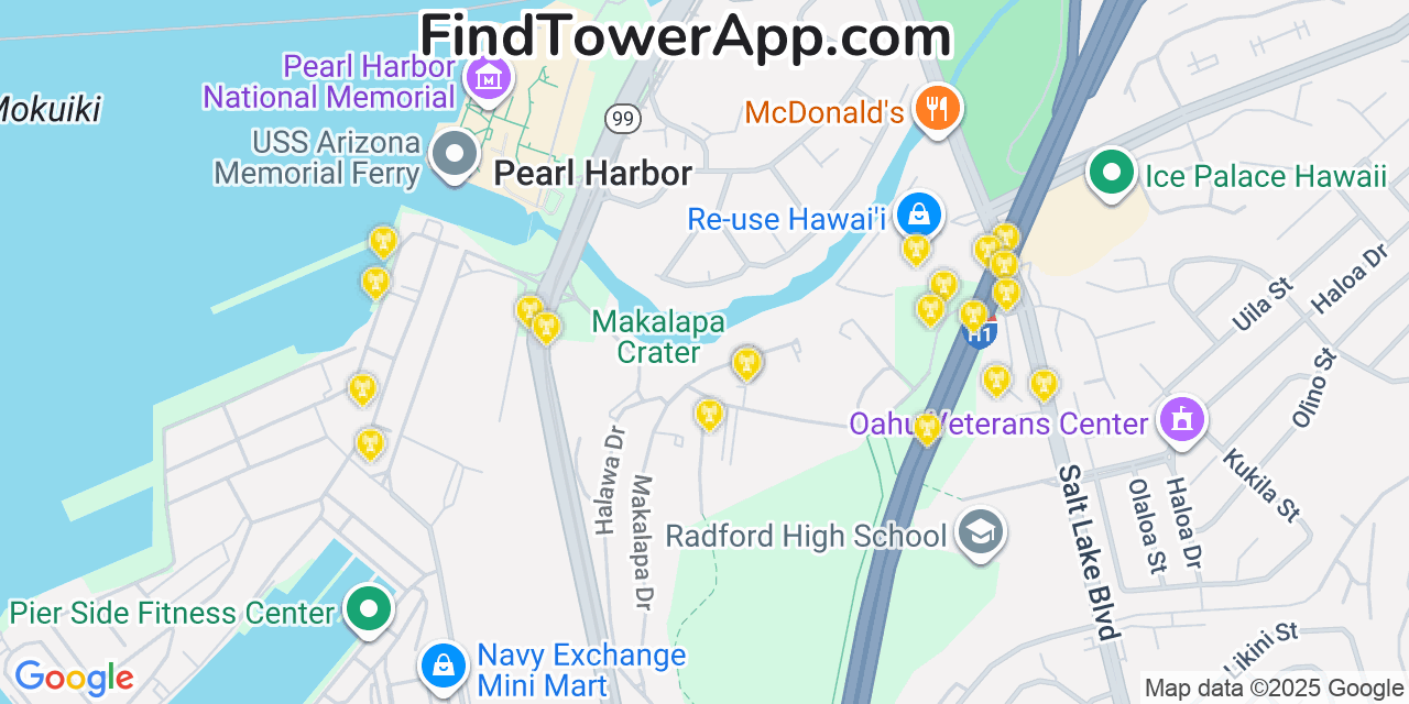 Map showing the 20 primary T-Mobile cell tower locations detected in Hālawa, Hawaii with coverage radius and signal strength indicators