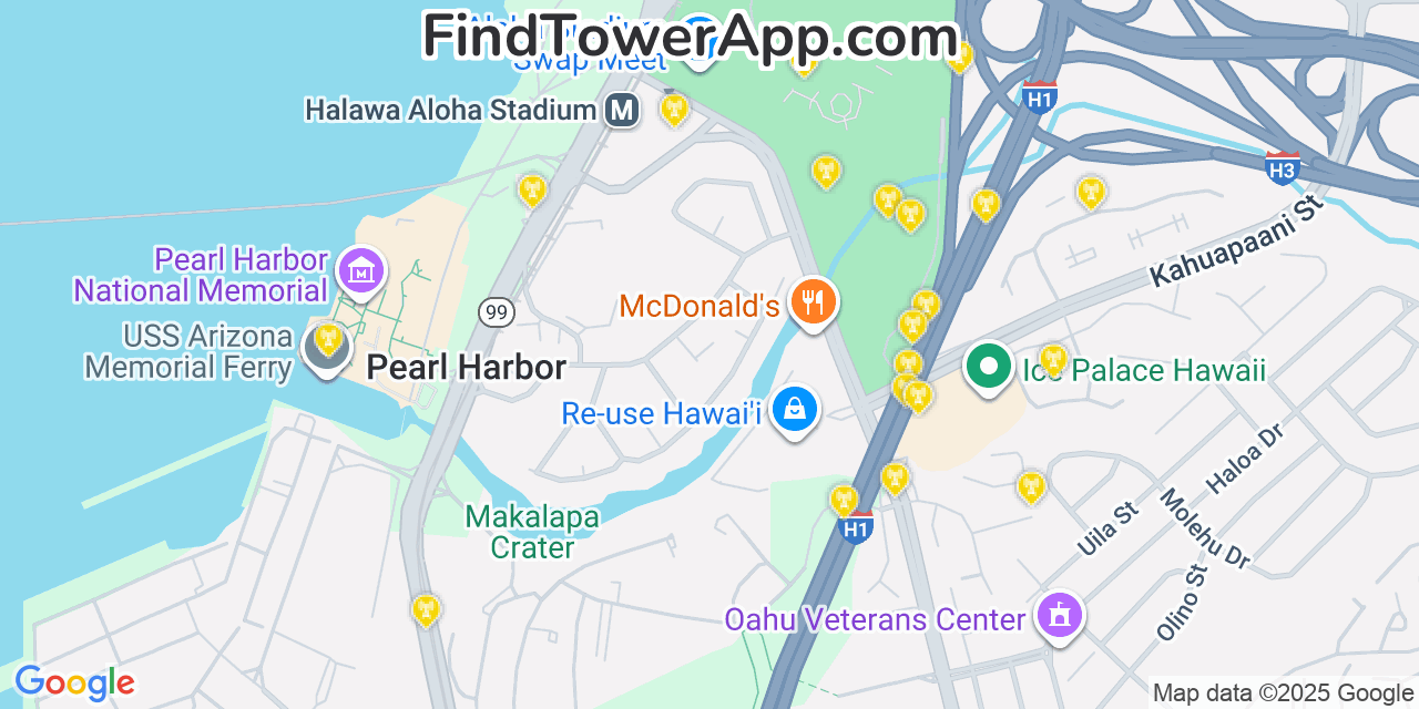 Map showing the 20 primary Verizon cell tower locations detected in Hālawa, Hawaii with coverage radius and signal strength indicators