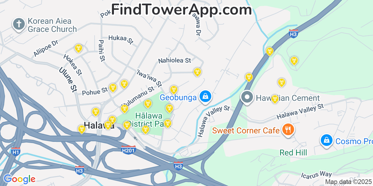 Map showing the 20 primary AT&T cell tower locations detected in Hālawa Heights, Hawaii with coverage radius and signal strength indicators
