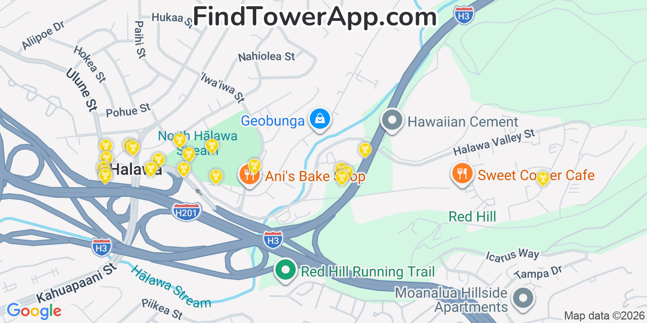 Map showing the 20 primary cell tower locations detected in Hālawa Heights, Hawaii from AT&T, Verizon, and T-Mobile networks