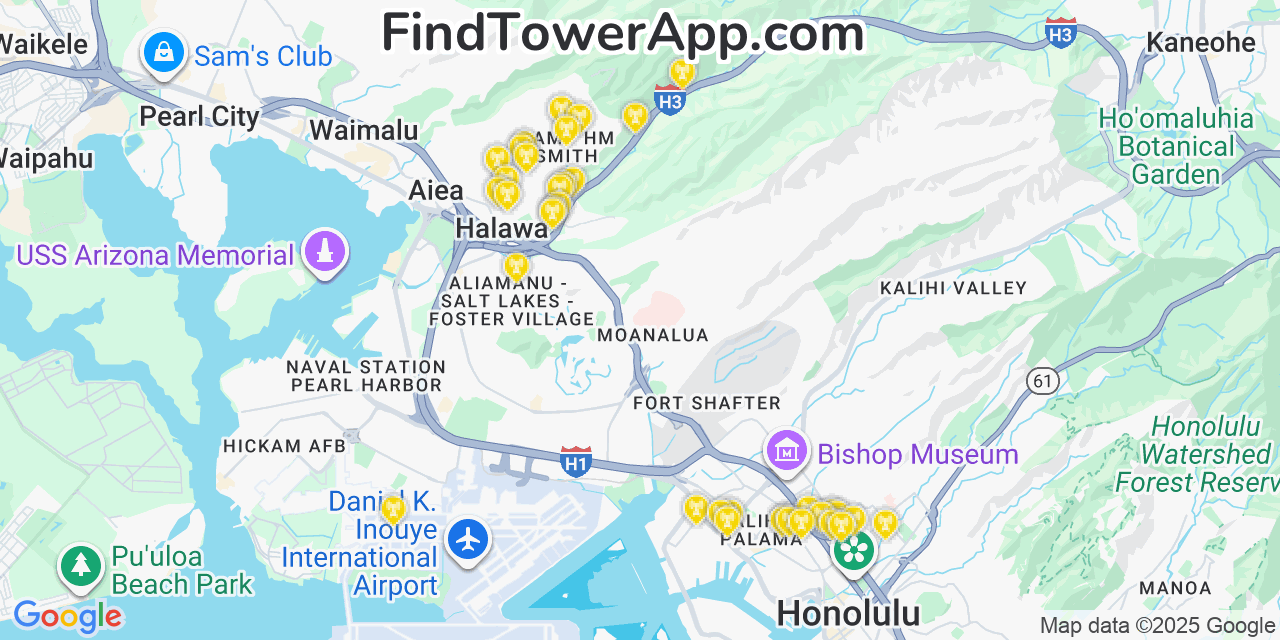 Map showing the 36 primary Verizon cell tower locations detected in Hālawa Heights, Hawaii with coverage radius and signal strength indicators