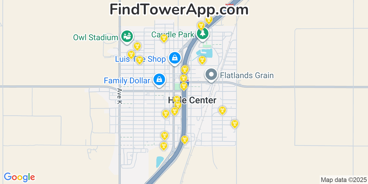 Map showing the 20 primary cell tower locations detected in Hale Center, Texas from AT&T, Verizon, and T-Mobile networks