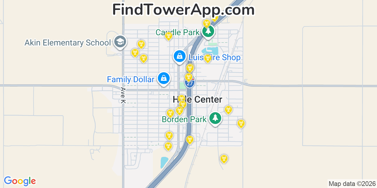 Map showing the 20 primary cell tower locations detected in Hale Center, Texas from AT&T, Verizon, and T-Mobile networks