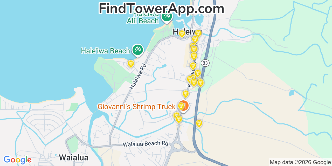 Map showing the 20 primary T-Mobile cell tower locations detected in Hale�Iwa, Hawaii with coverage radius and signal strength indicators